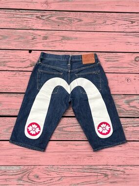 Evisu Dark Blue Denim Shorts with Sakura motif